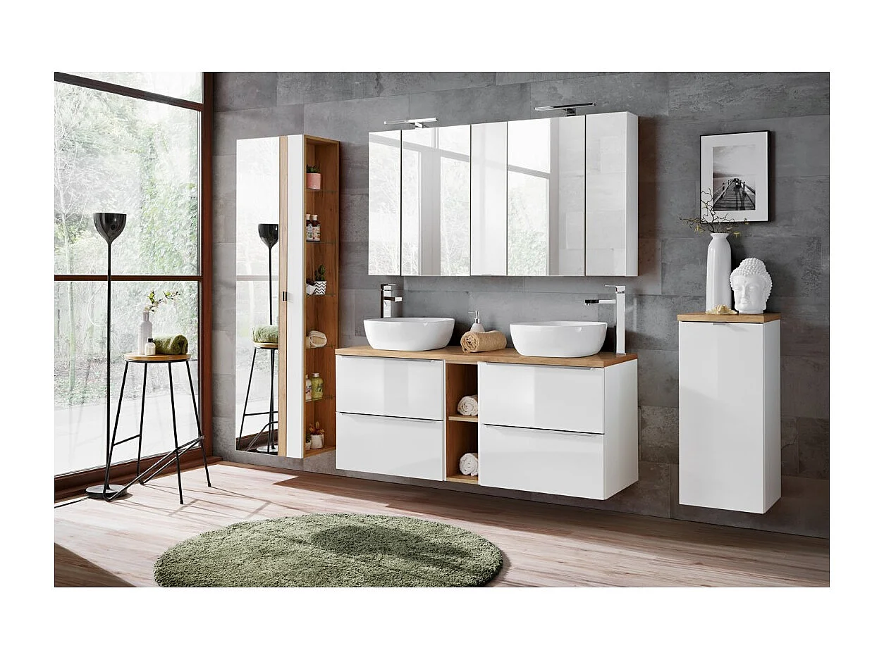 Accessoire mural NALYA 57 cm – Blanc brillant et chêne clair – Élément suspendu compact