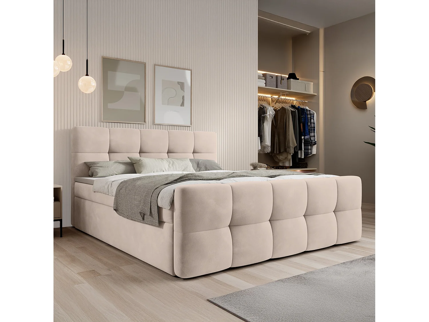Lit coffre + matelas Volupto 140cm velours Beige