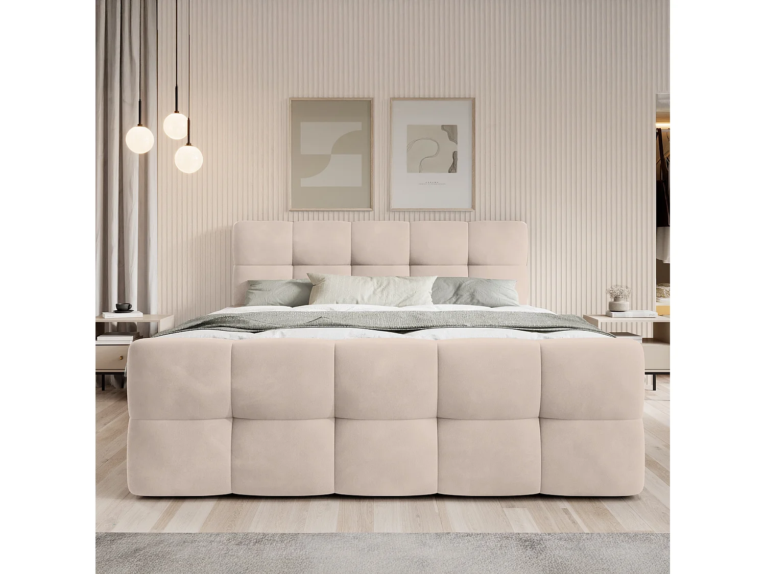 Lit coffre + matelas Volupto 140cm velours Beige