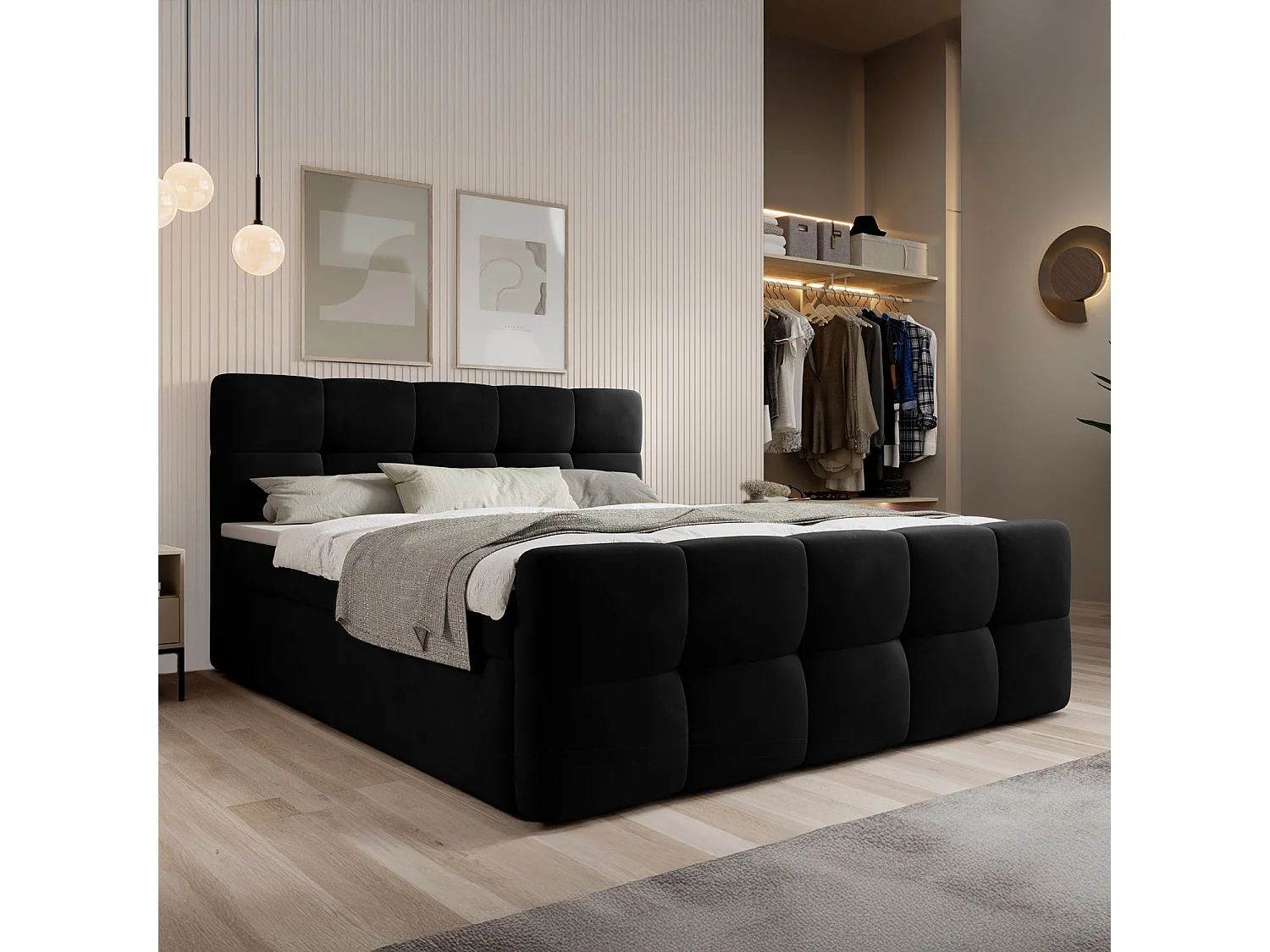 Lit coffre + matelas Volupto 180cm velours Noir