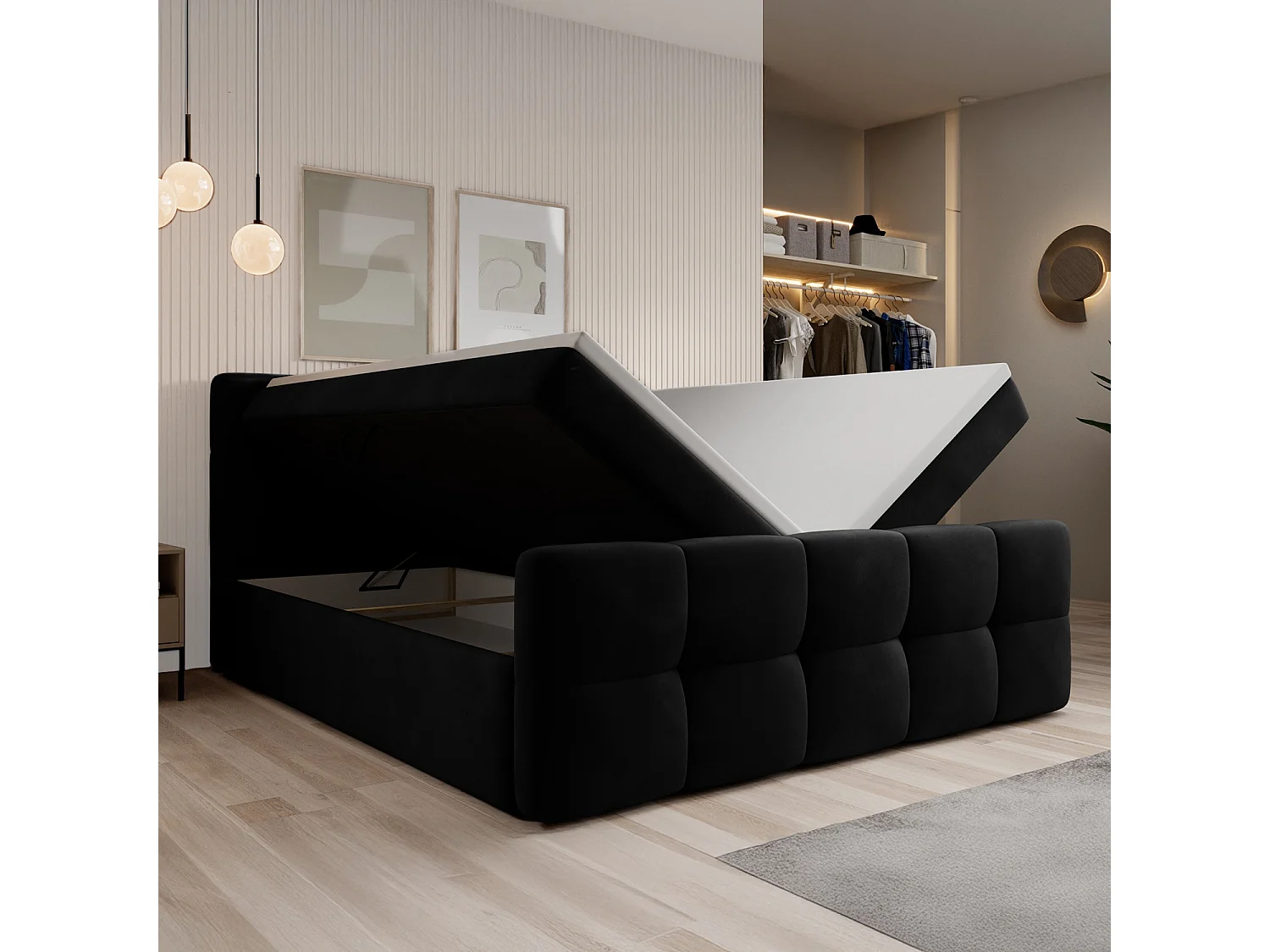 Lit coffre + matelas Volupto 180cm velours Noir