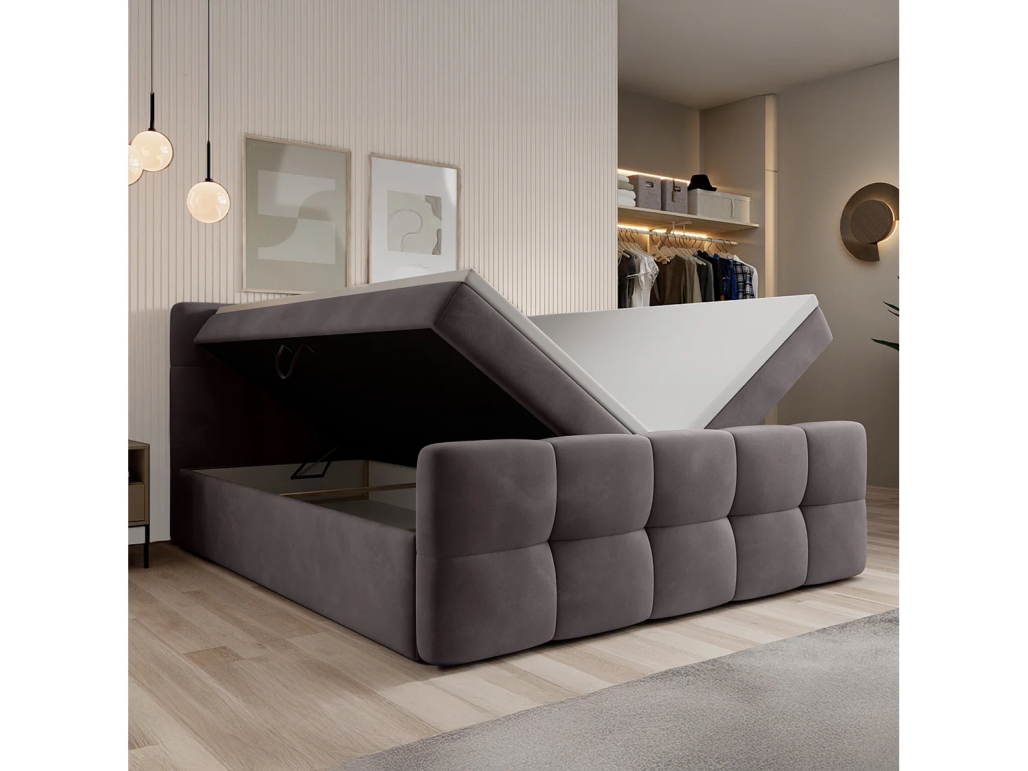 Lit coffre + matelas Volupto 180cm velours Gris