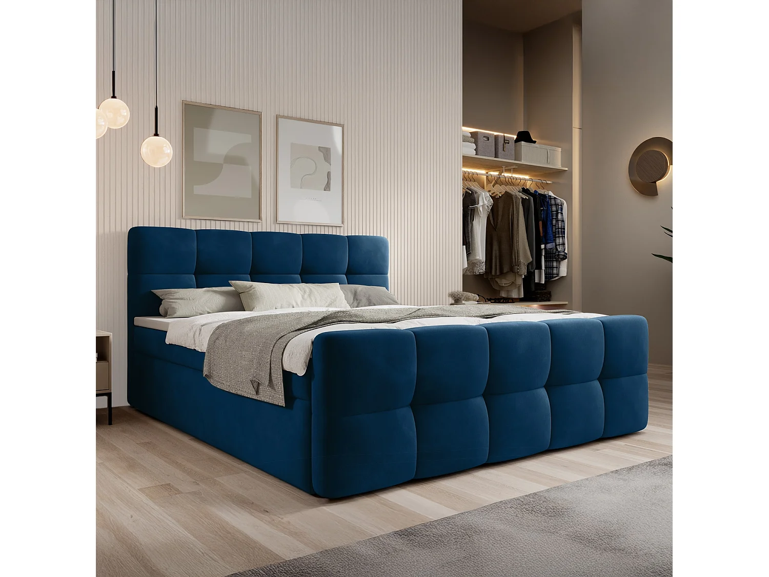 Lit coffre + matelas Volupto 160cm velours Bleu