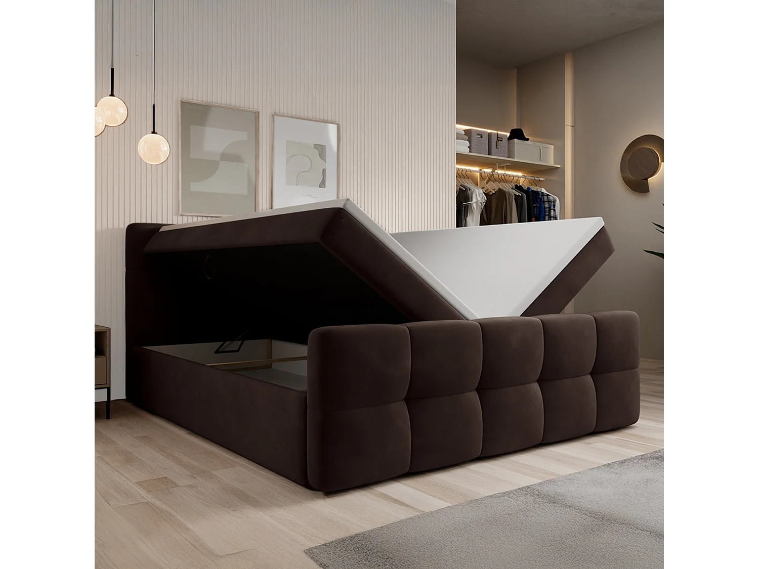 Lit coffre + matelas Volupto 140cm velours Marron