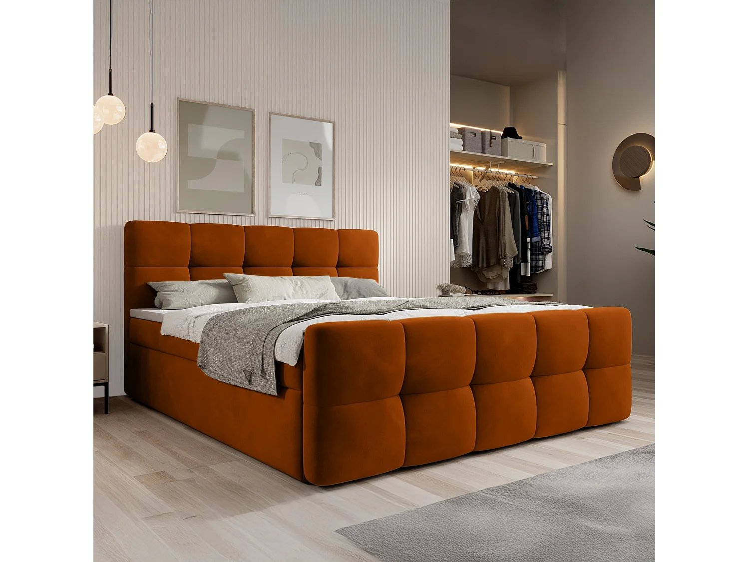 Lit coffre + matelas Volupto 160cm velours Terracotta
