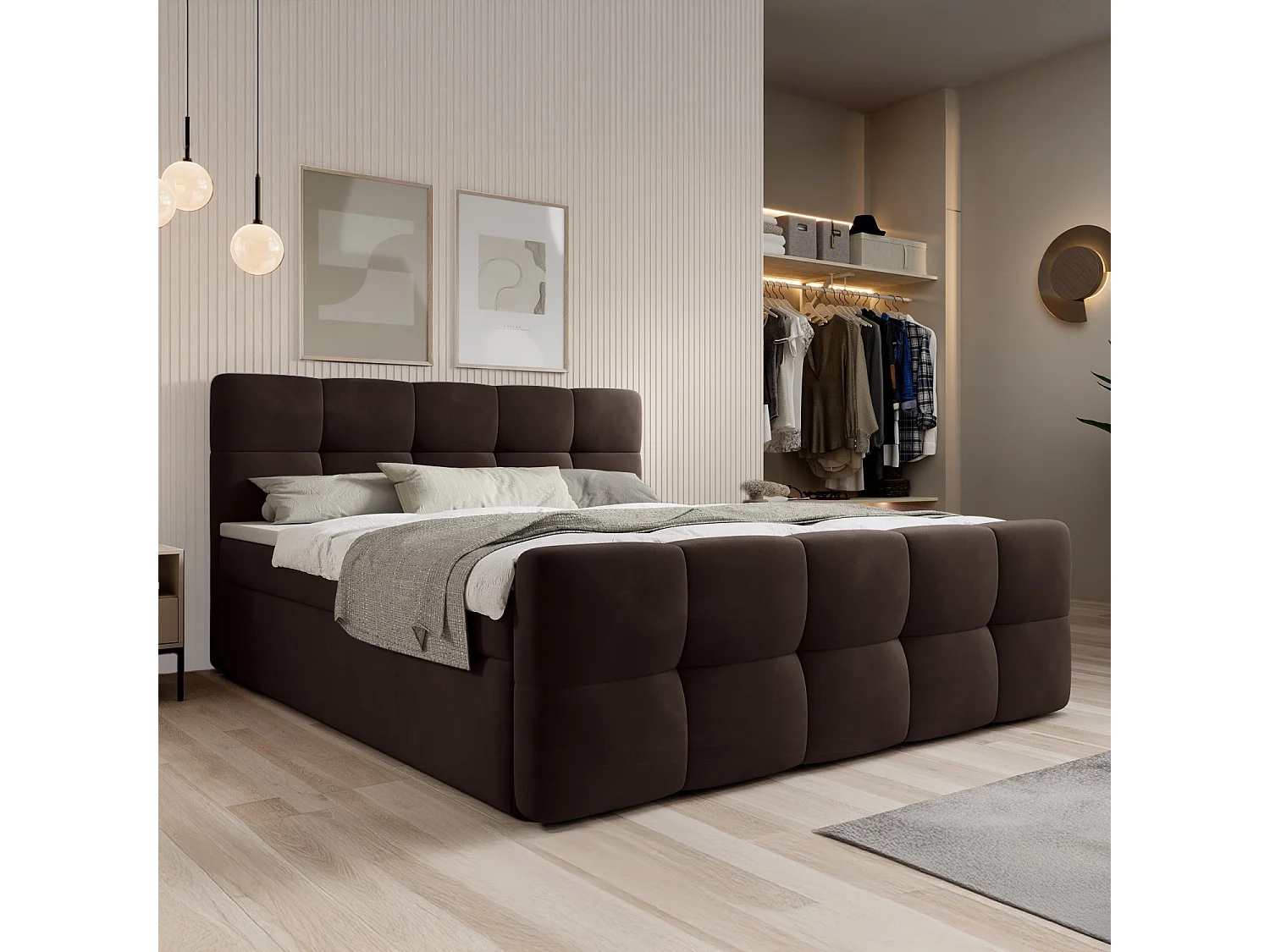 Lit coffre + matelas Volupto 160cm velours Marron