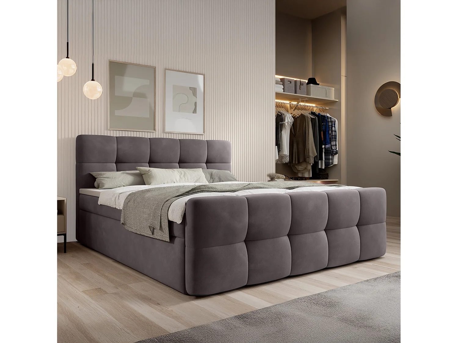 Lit coffre + matelas Volupto 140cm velours Gris