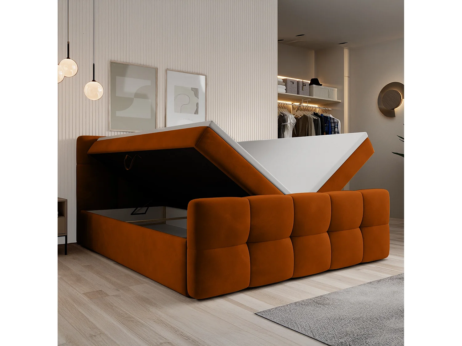 Lit coffre + matelas Volupto 140cm velours Terracotta