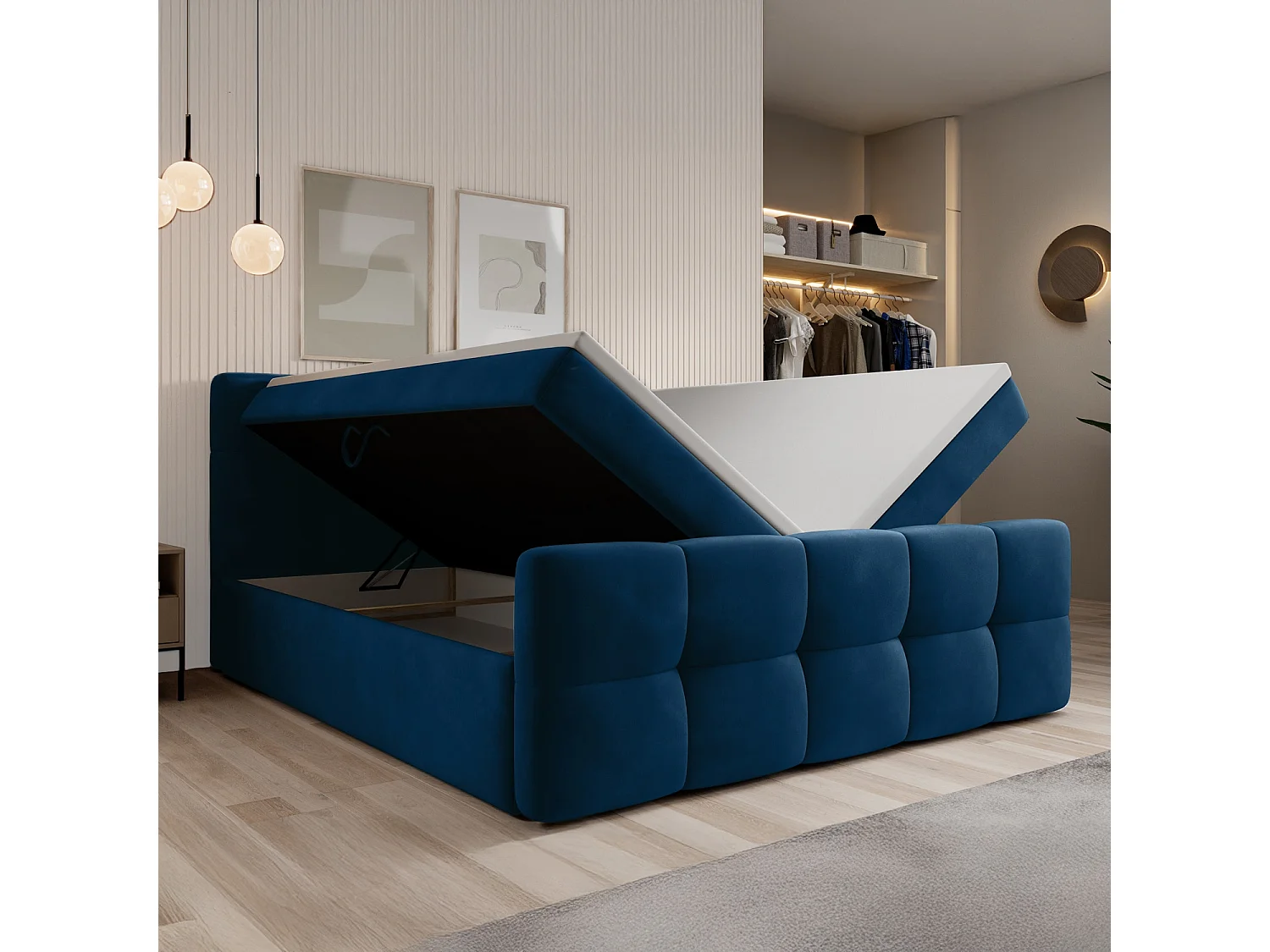 Lit coffre + matelas Volupto 140cm velours Bleu