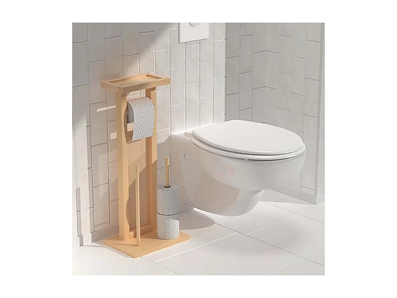Dérouleur papier toilette en bois naturel avec réserve - Longueur 28 x Profondeur 20 x Hauteur 65 cm