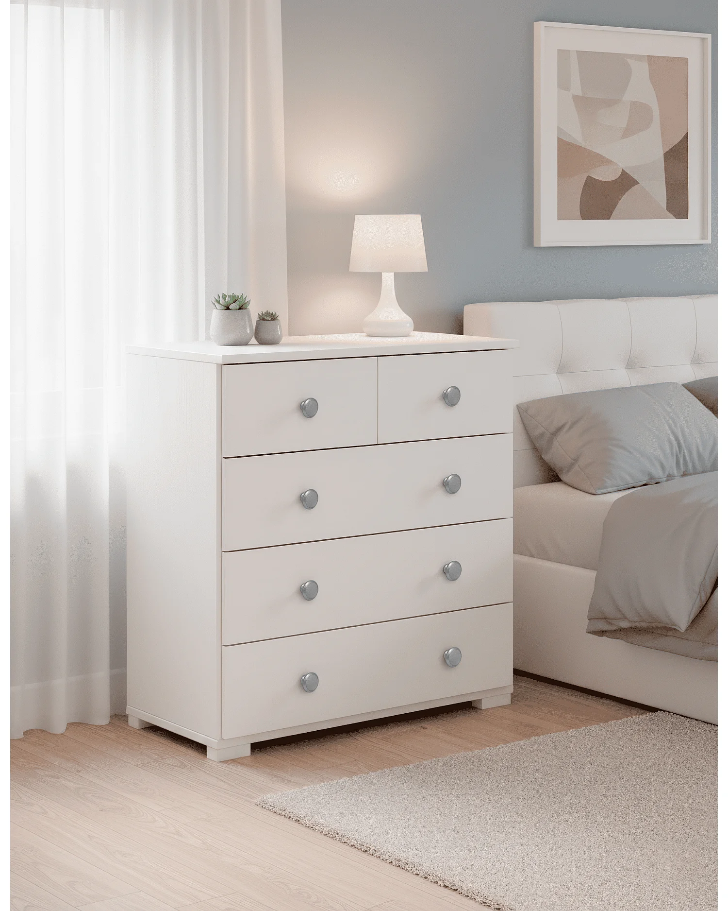 Commode Chiffonnier Meuble de rangement avec 5 tiroirs, en pin massif coloris Blanc - Longueur 76 x Hauteur 73,6 x Profondeur 36,5 cm