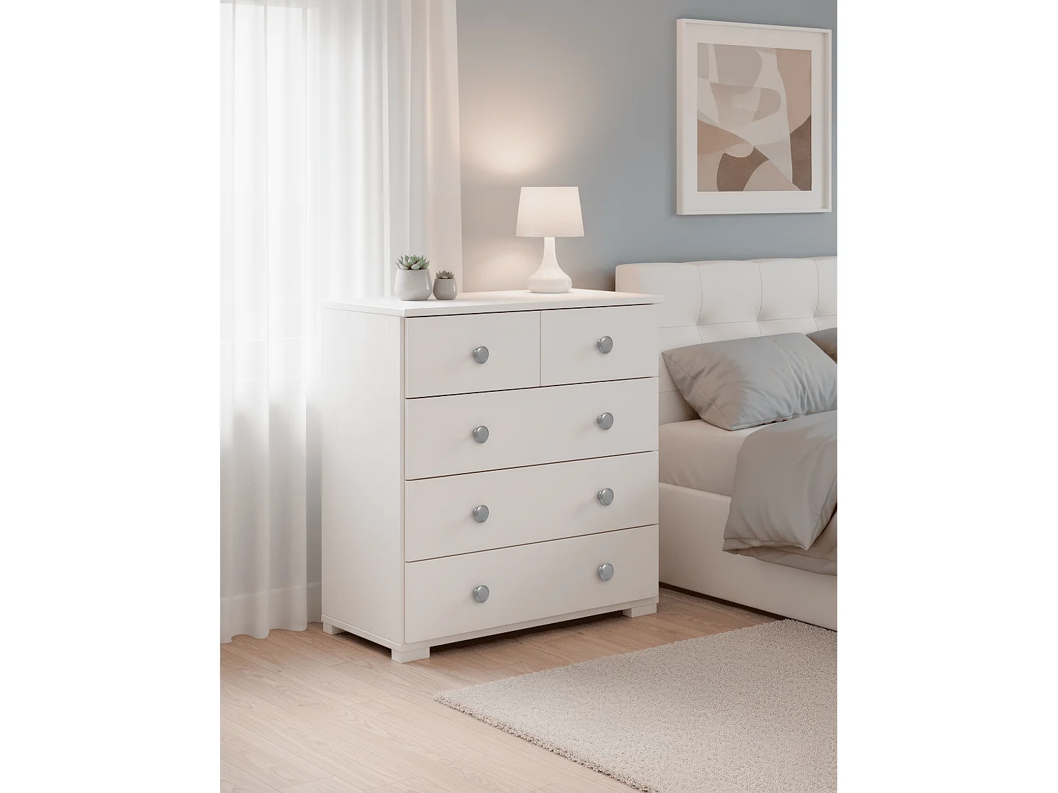Commode Chiffonnier Meuble de rangement avec 5 tiroirs, en pin massif coloris Blanc - Longueur 76 x Hauteur 73,6 x Profondeur 36,5 cm