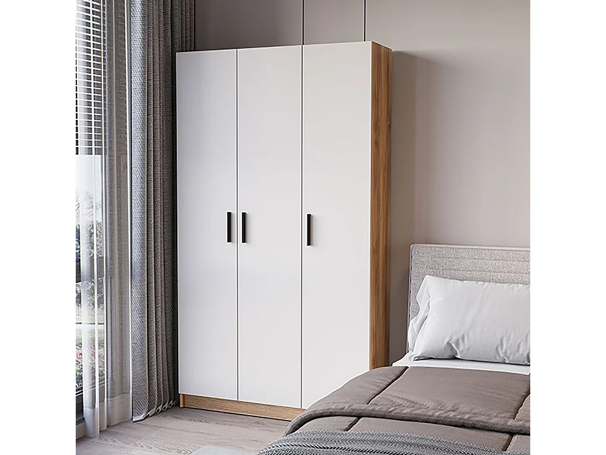 Armoire Placard meuble multifonctionnel à 3 portes et 4 étagères coloris Beige/chêne Mauvella - Longueur 108 x Hauteur 180 x Profondeur 34,4 cm