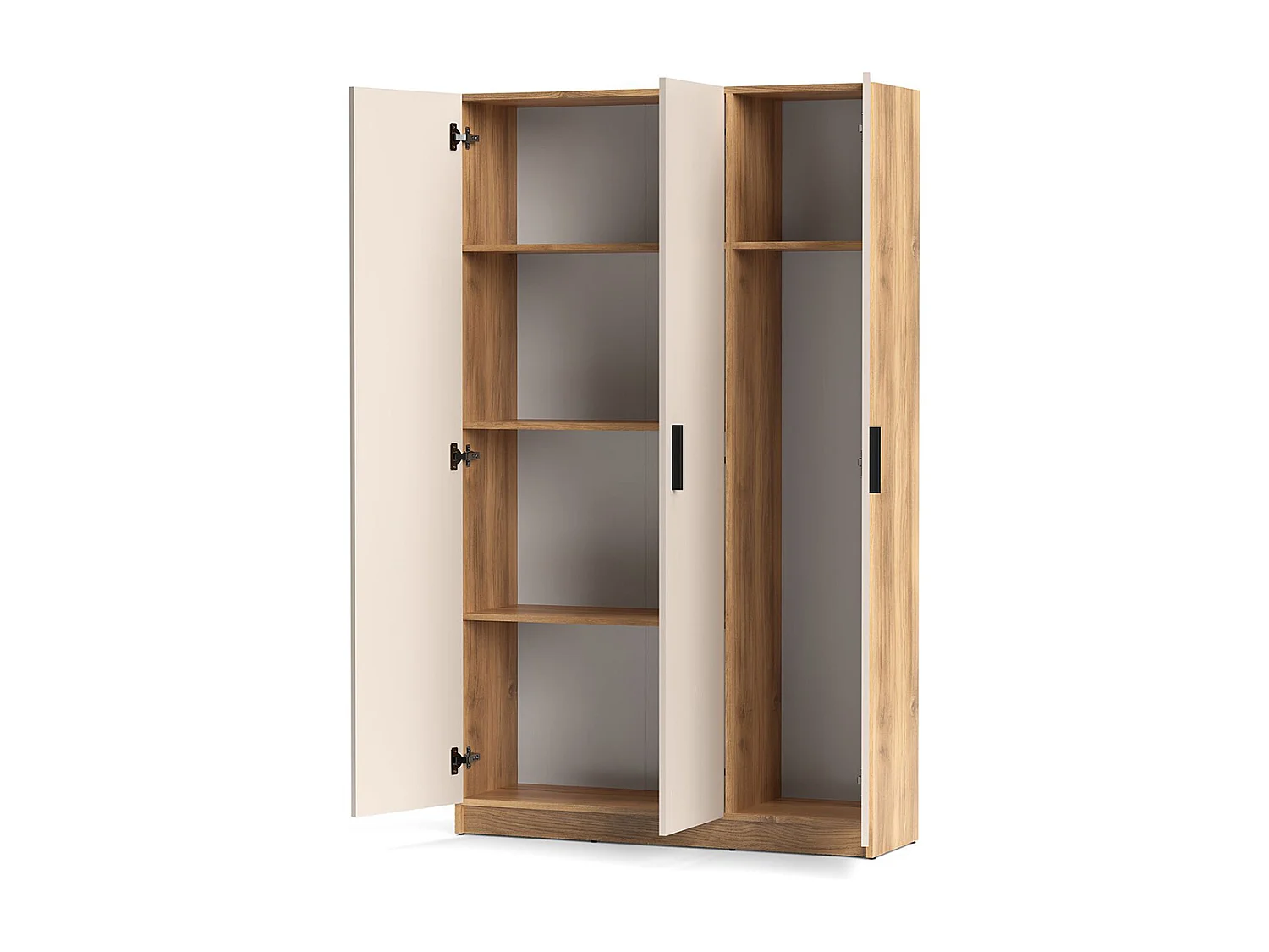Armoire Placard meuble multifonctionnel à 3 portes et 4 étagères coloris Beige/chêne Mauvella - Longueur 108 x Hauteur 180 x Profondeur 34,4 cm
