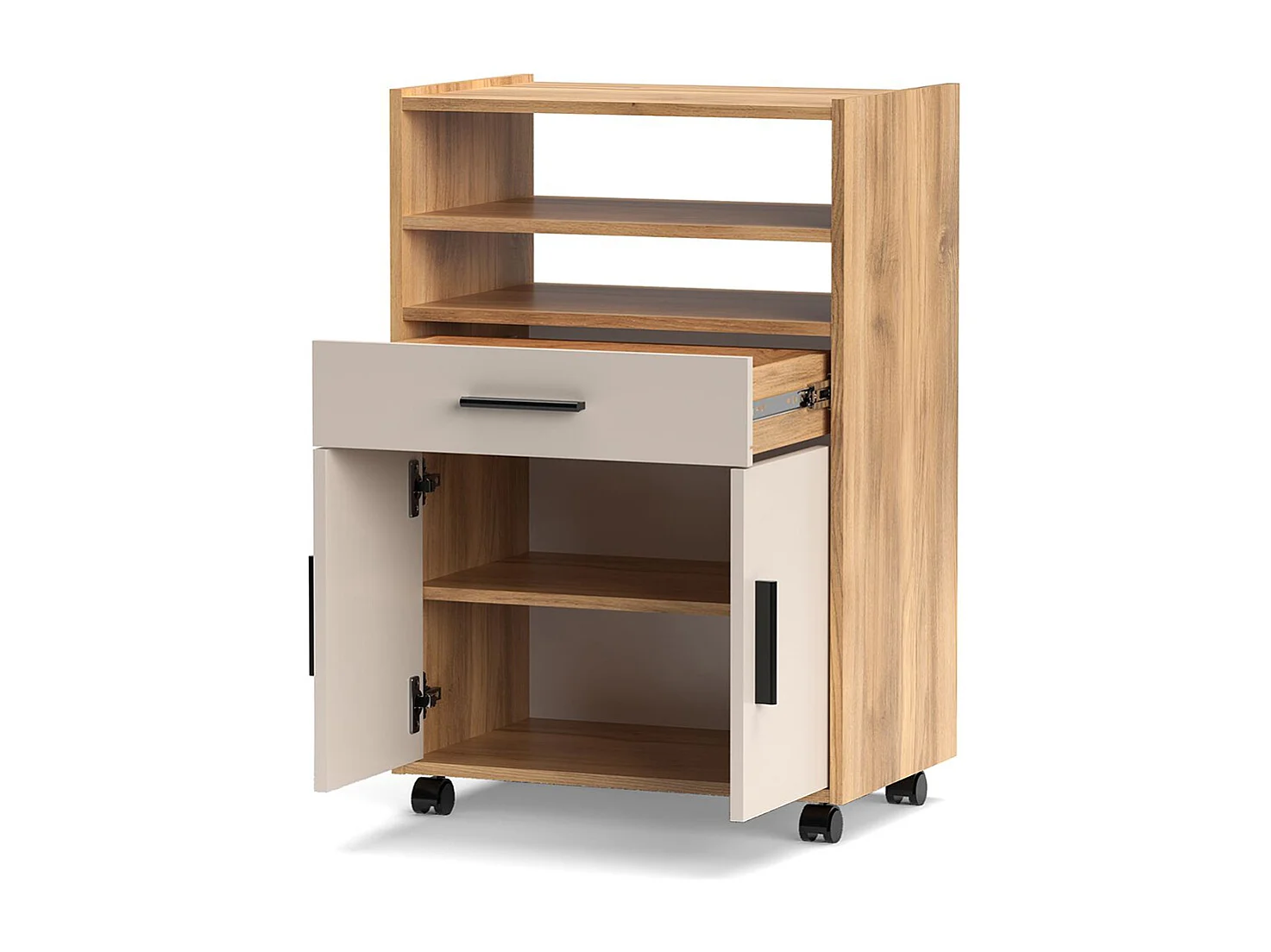 Meuble d'appoint de cuisine à roulettes avec étagères, 1 tiroir et armoire à 2 portes coloris Beige/chêne Mauvella - Longueur 59 x Hauteur 92 x Profondeur 39,6 cm