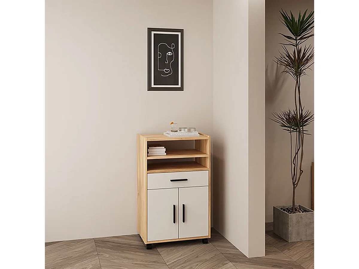 Meuble d'appoint de cuisine à roulettes avec étagères, 1 tiroir et armoire à 2 portes coloris Beige/chêne Mauvella - Longueur 59 x Hauteur 92 x Profondeur 39,6 cm