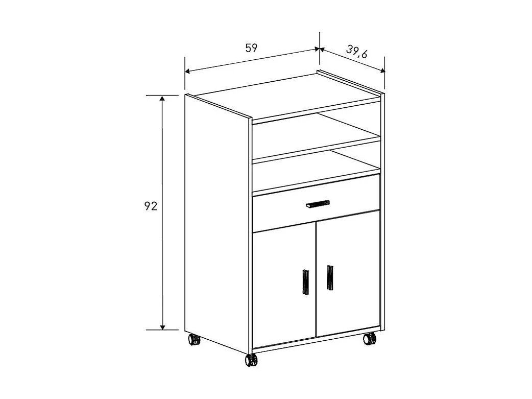 Meuble d'appoint de cuisine à roulettes avec étagères, 1 tiroir et armoire à 2 portes coloris Beige/chêne Mauvella - Longueur 59 x Hauteur 92 x Profondeur 39,6 cm