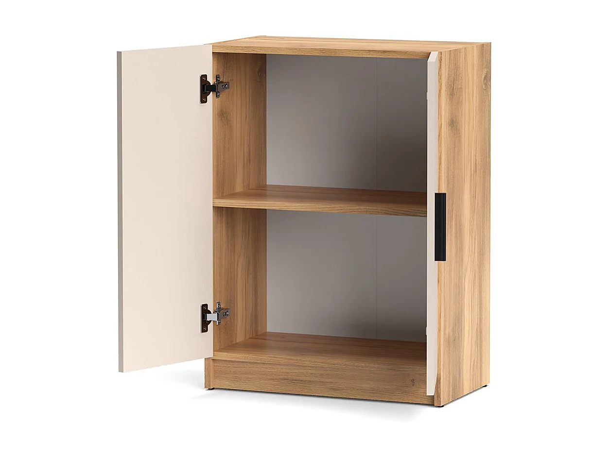 Meuble bas à 2 portes Armoire auxiliaire avec poignées noires coloris Beige/chêne Mauvella - Longueur 60 x Hauteur 80 x Profondeur 34,4 cm