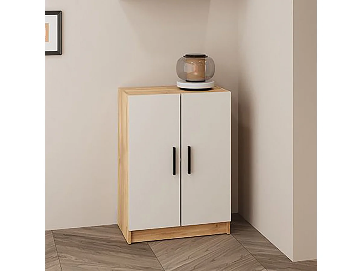 Meuble bas à 2 portes Armoire auxiliaire avec poignées noires coloris Beige/chêne Mauvella - Longueur 60 x Hauteur 80 x Profondeur 34,4 cm