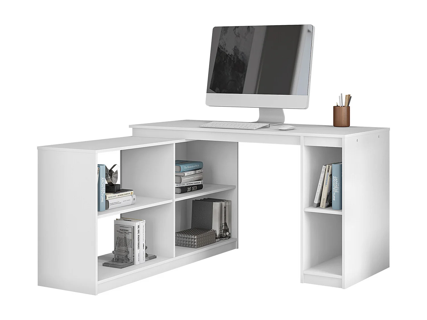 Bureau d'angle multifonctionnel Bureau en L avec étagères intégrées coloris Blanc -  Longueur 137 x Hauteur 78 x Largeur 137 cm
