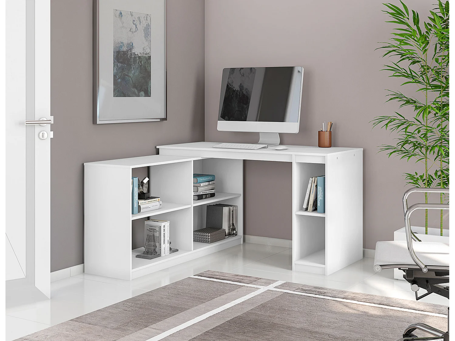 Bureau d'angle multifonctionnel Bureau en L avec étagères intégrées coloris Blanc -  Longueur 137 x Hauteur 78 x Largeur 137 cm