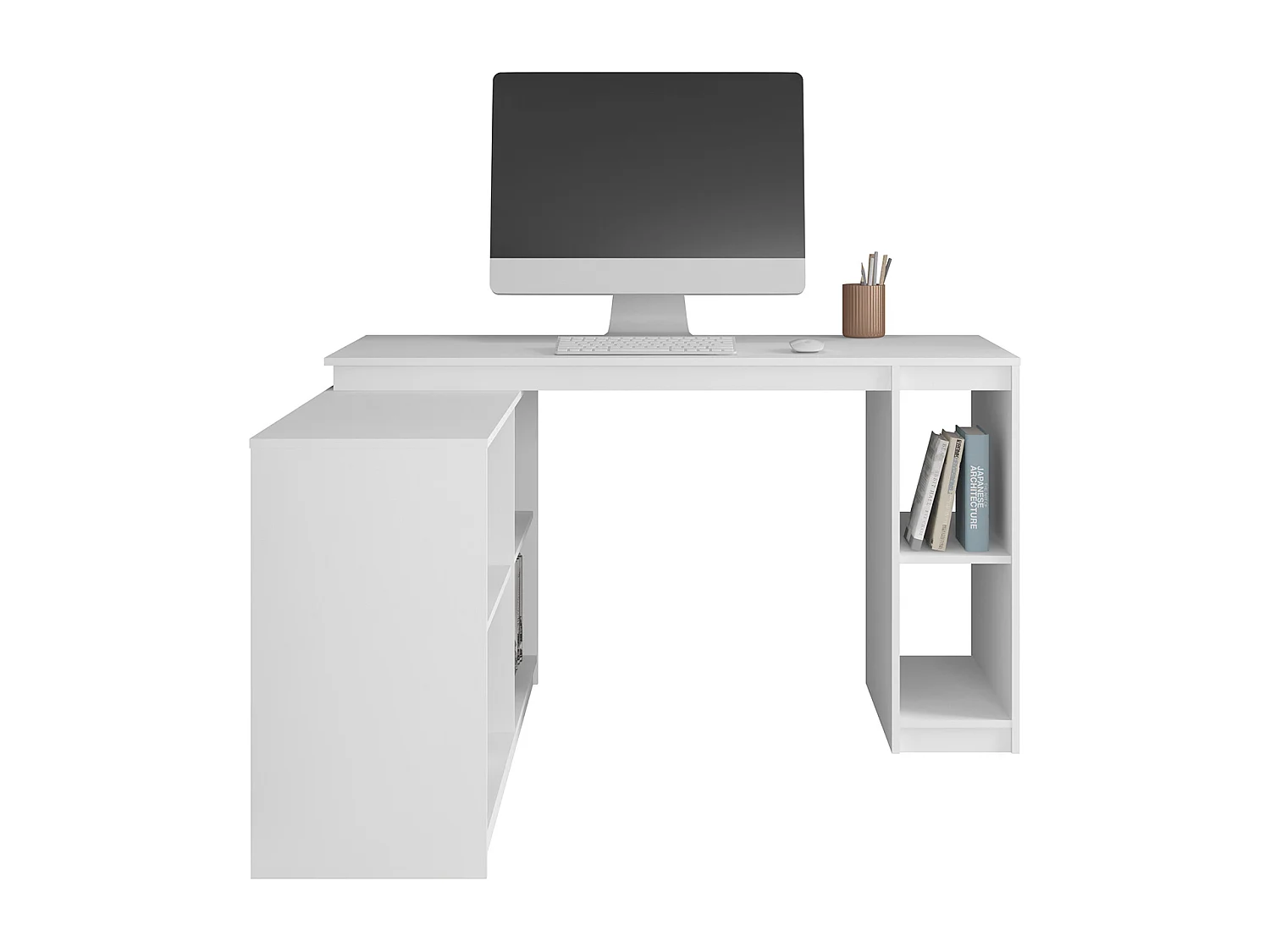 Bureau d'angle multifonctionnel Bureau en L avec étagères intégrées coloris Blanc -  Longueur 137 x Hauteur 78 x Largeur 137 cm