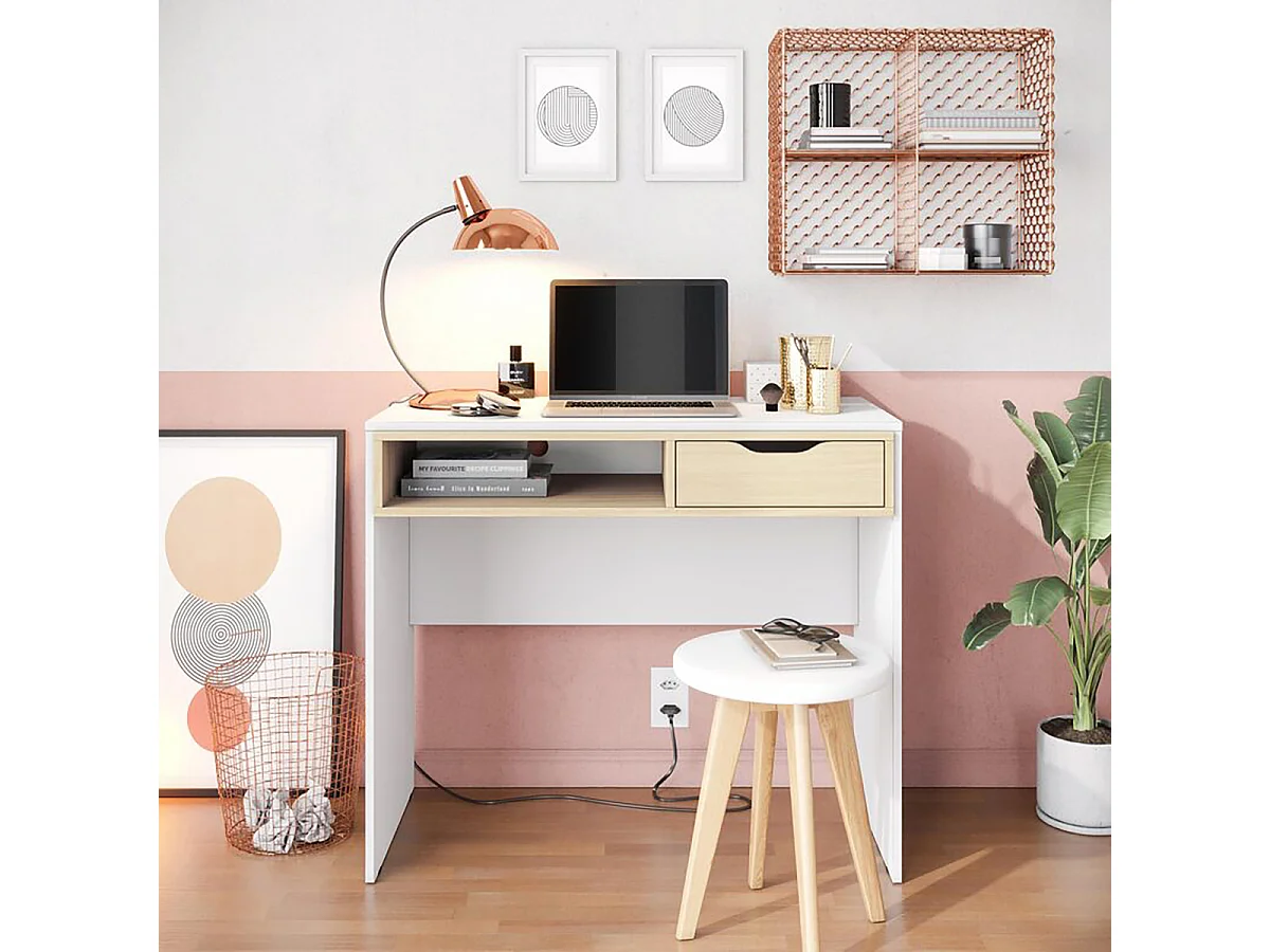 Bureau coloris blanc avec un tiroir couleur cambrien ,Table d'étude avec rangement - Longueur 90 x Hauteur ​​78 x Profondeur 44 cm