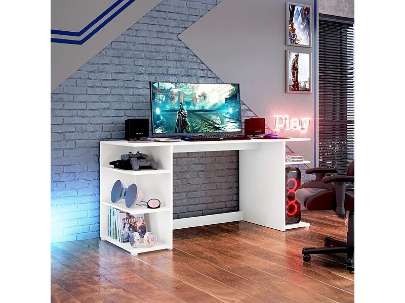 Bureau gaming Bureau d'ordinateur avec rangement sous les pieds coloris Blanc - Longueur 136 x Hauteur 75 x Profondeur 60 cm
