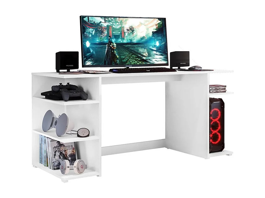 Bureau gaming Bureau d'ordinateur avec rangement sous les pieds coloris Blanc - Longueur 136 x Hauteur 75 x Profondeur 60 cm