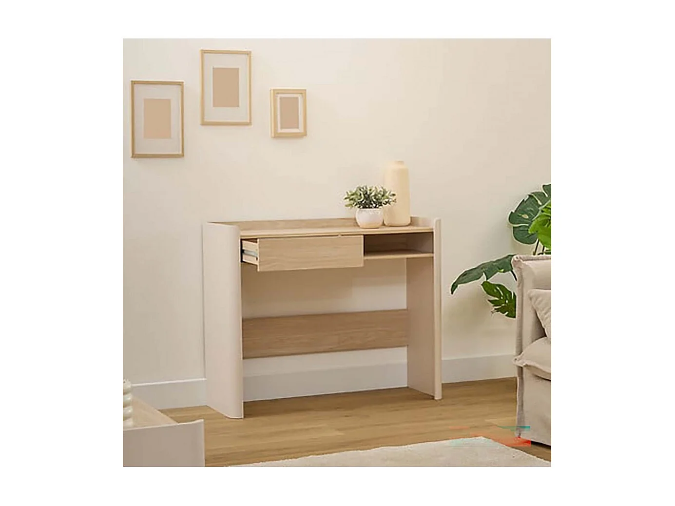 Console Table bureau avec une niche et 1 tiroir, Coloris chêne/ivoire - Longueur 100 x Profondeur 35 x Hauteur 80 cm