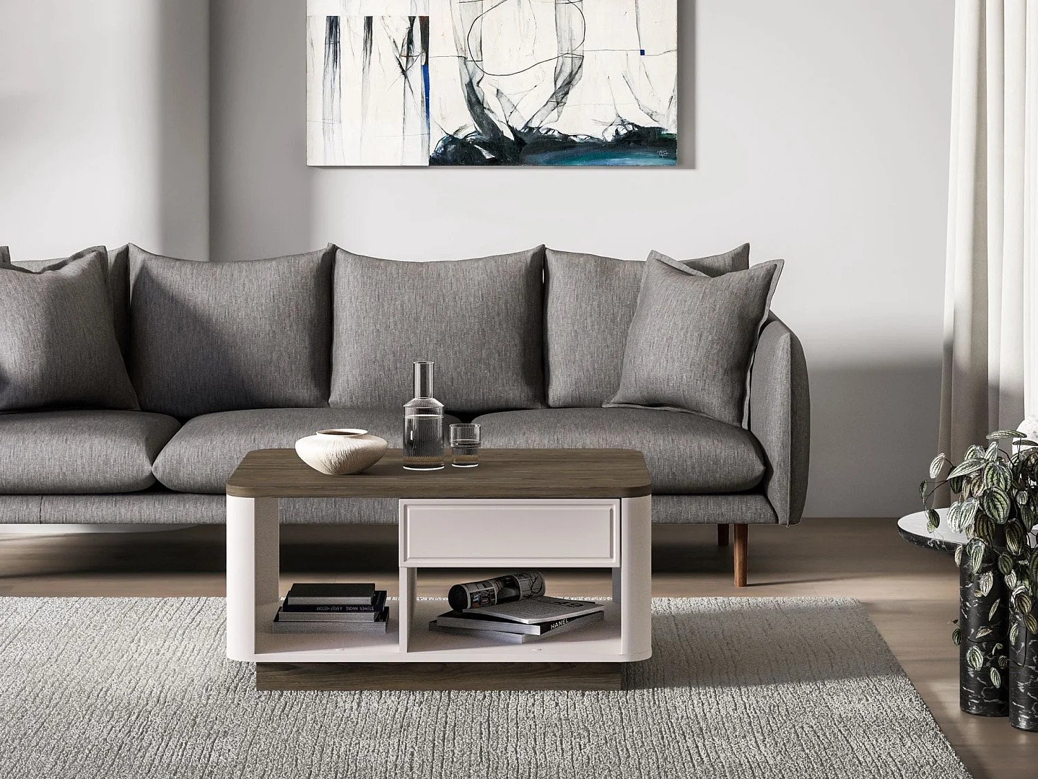 Table basse avec tiroir et niches – gris cachemire/aspect chêne foncé – 90x60 cm – VILAVIO