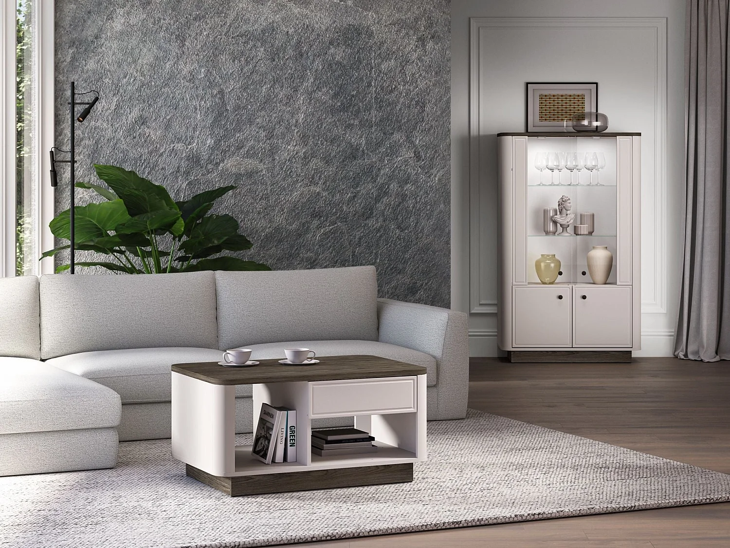 Table basse avec tiroir et niches – gris cachemire/aspect chêne foncé – 90x60 cm – VILAVIO