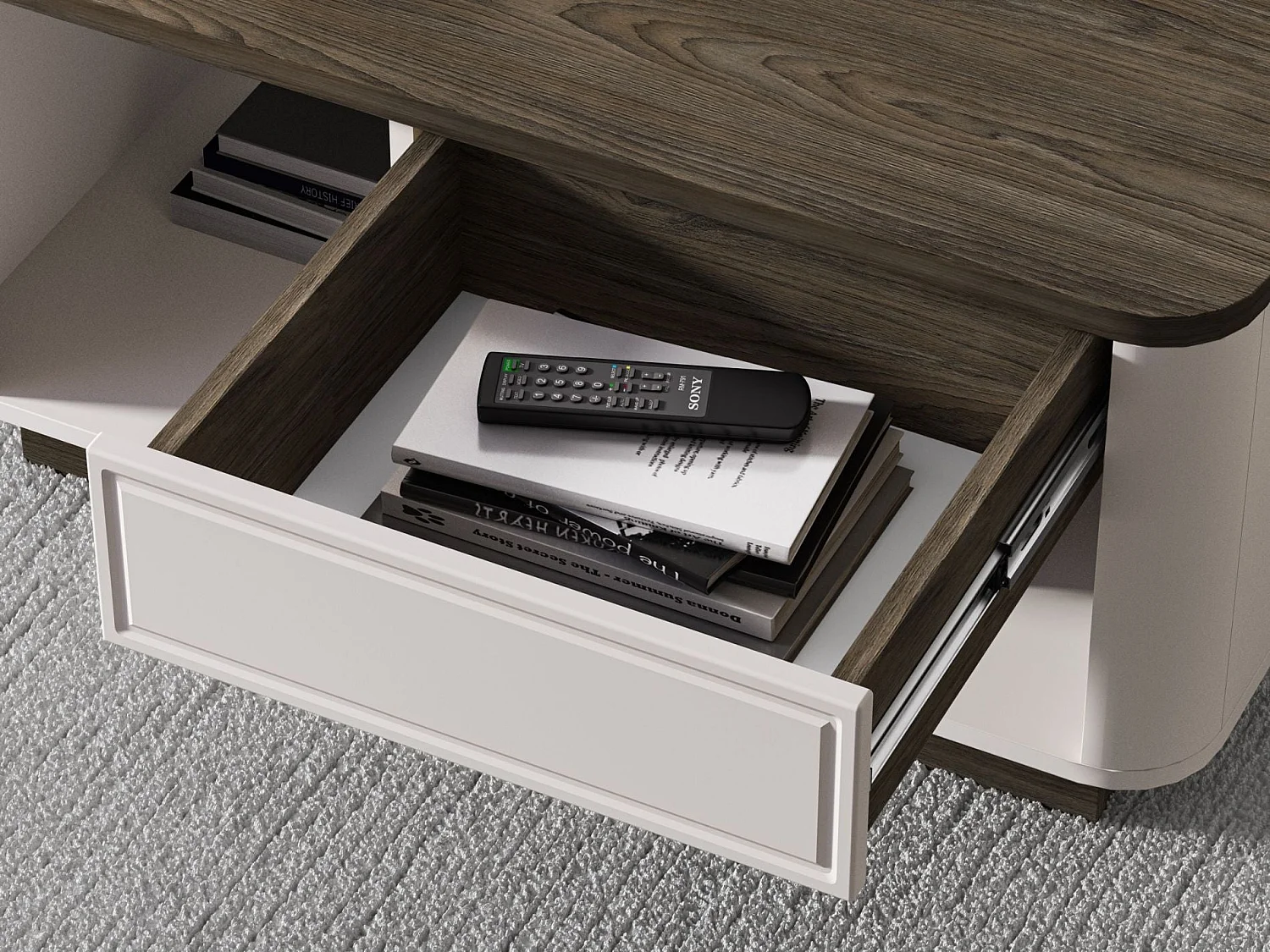 Table basse avec tiroir et niches – gris cachemire/aspect chêne foncé – 90x60 cm – VILAVIO