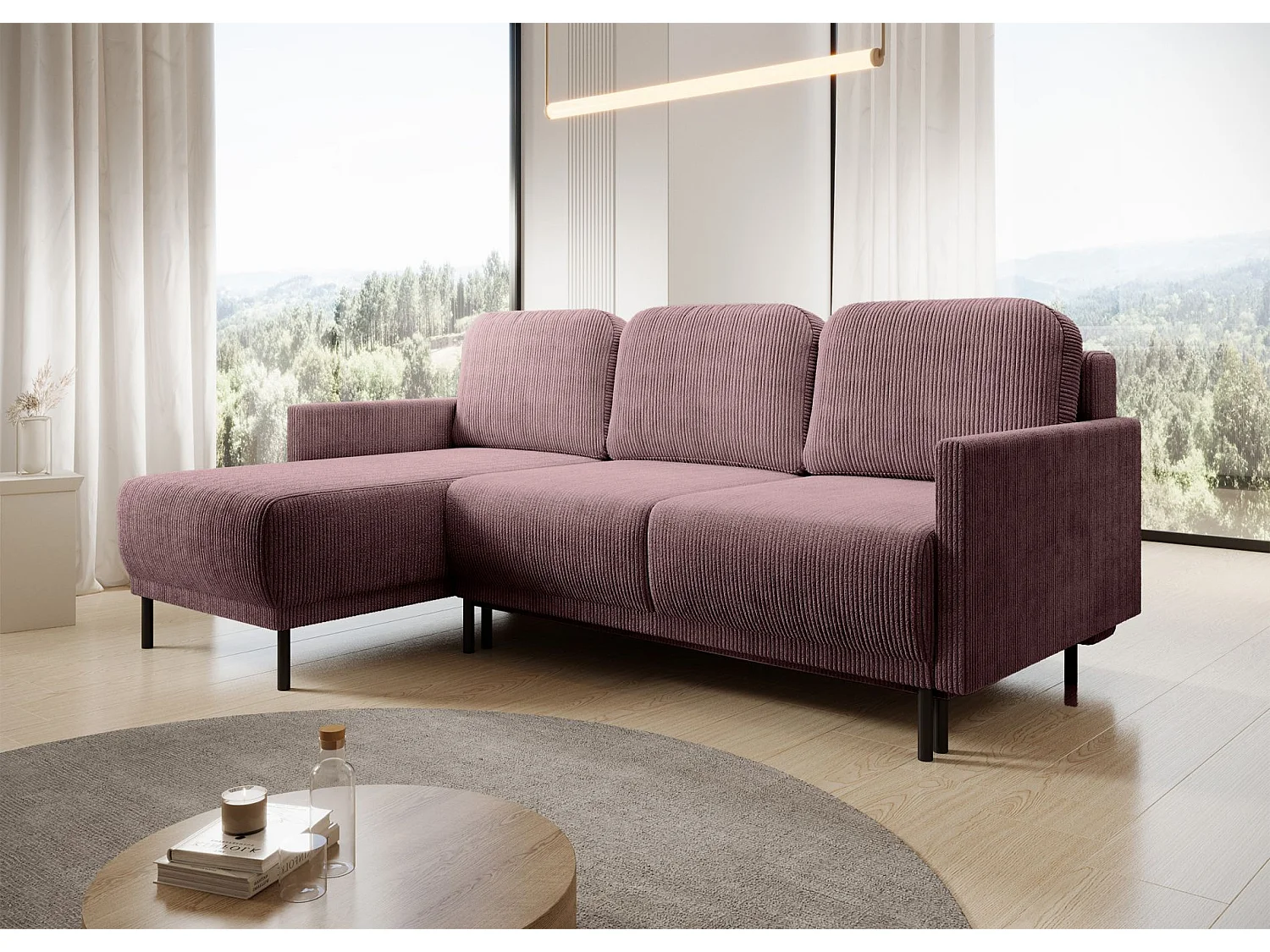 Canapé d'angle convertible avec coffre – Velours côtelé – Universel – Violet – HAMIEL