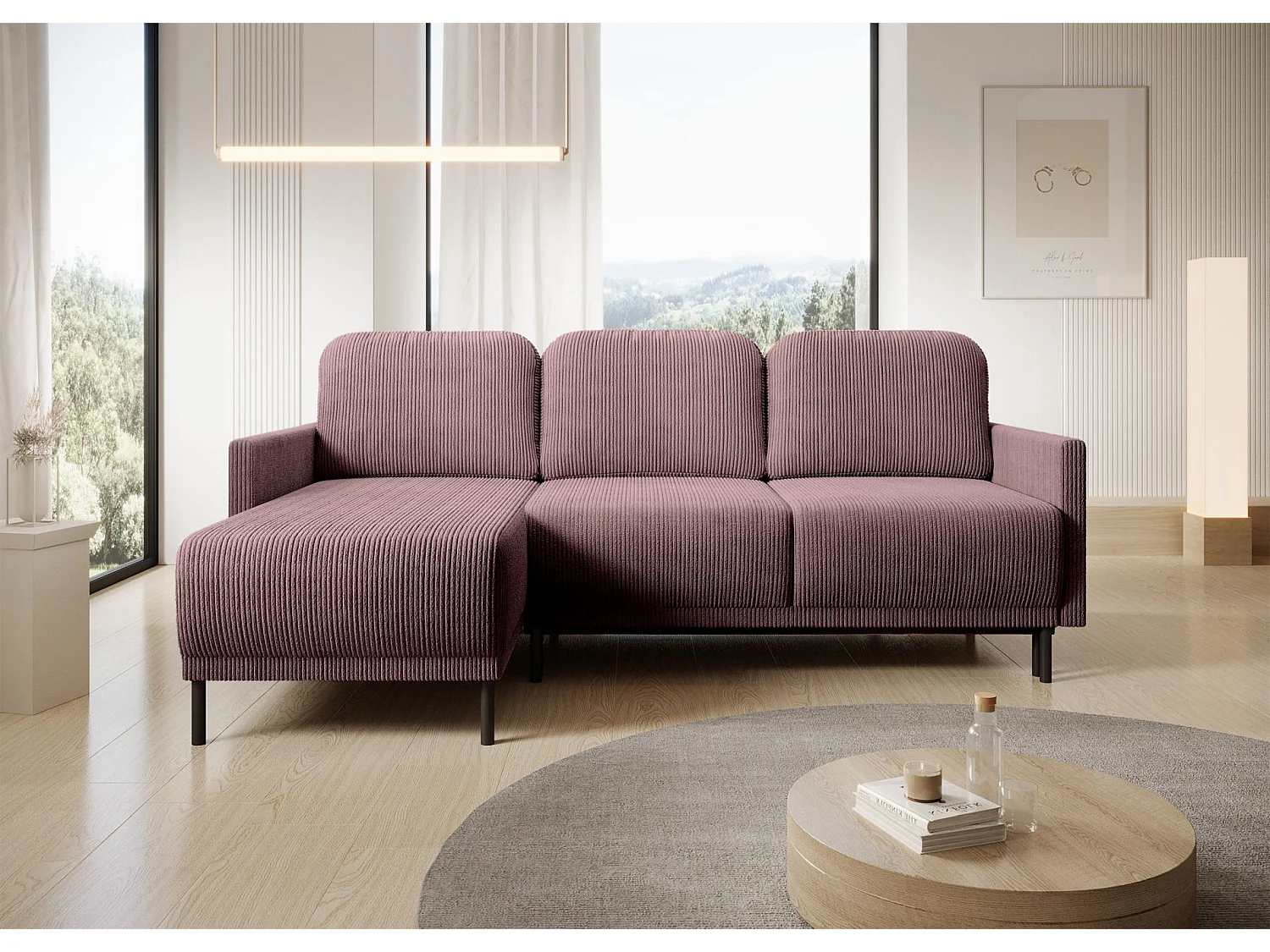 Hoekbank met slaapfunctie & opbergruimte – Corduroy – Universeel – Paars – HAMIEL