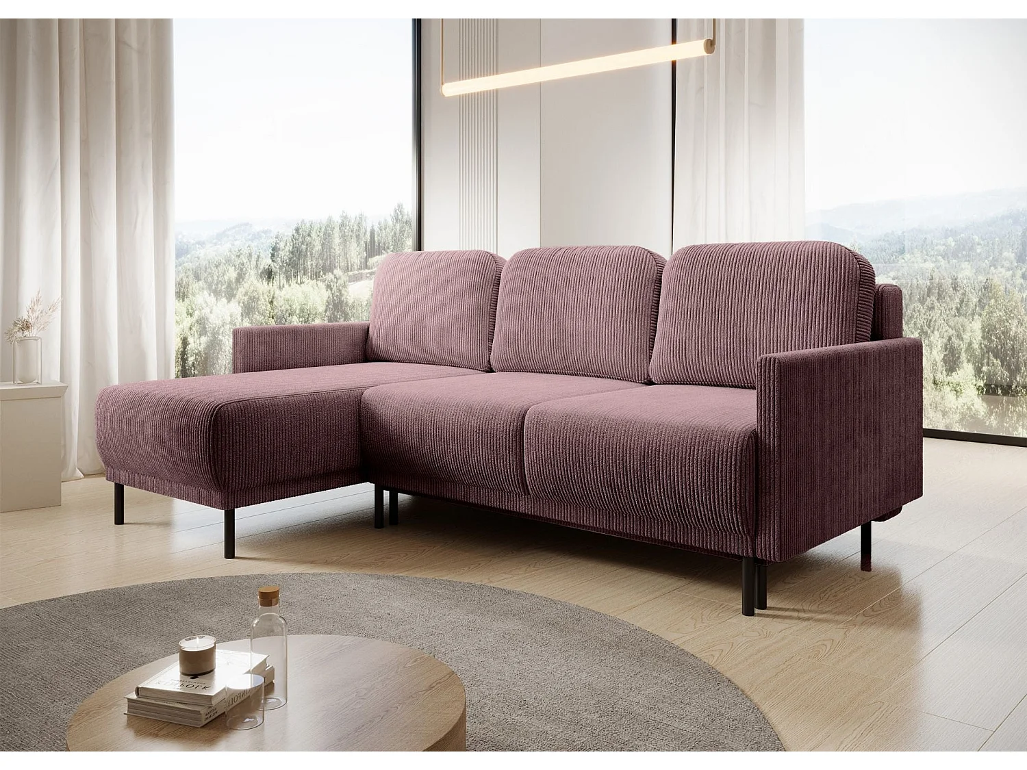Canapé d'angle convertible avec coffre – Velours côtelé – Universel – Violet – HAMIEL