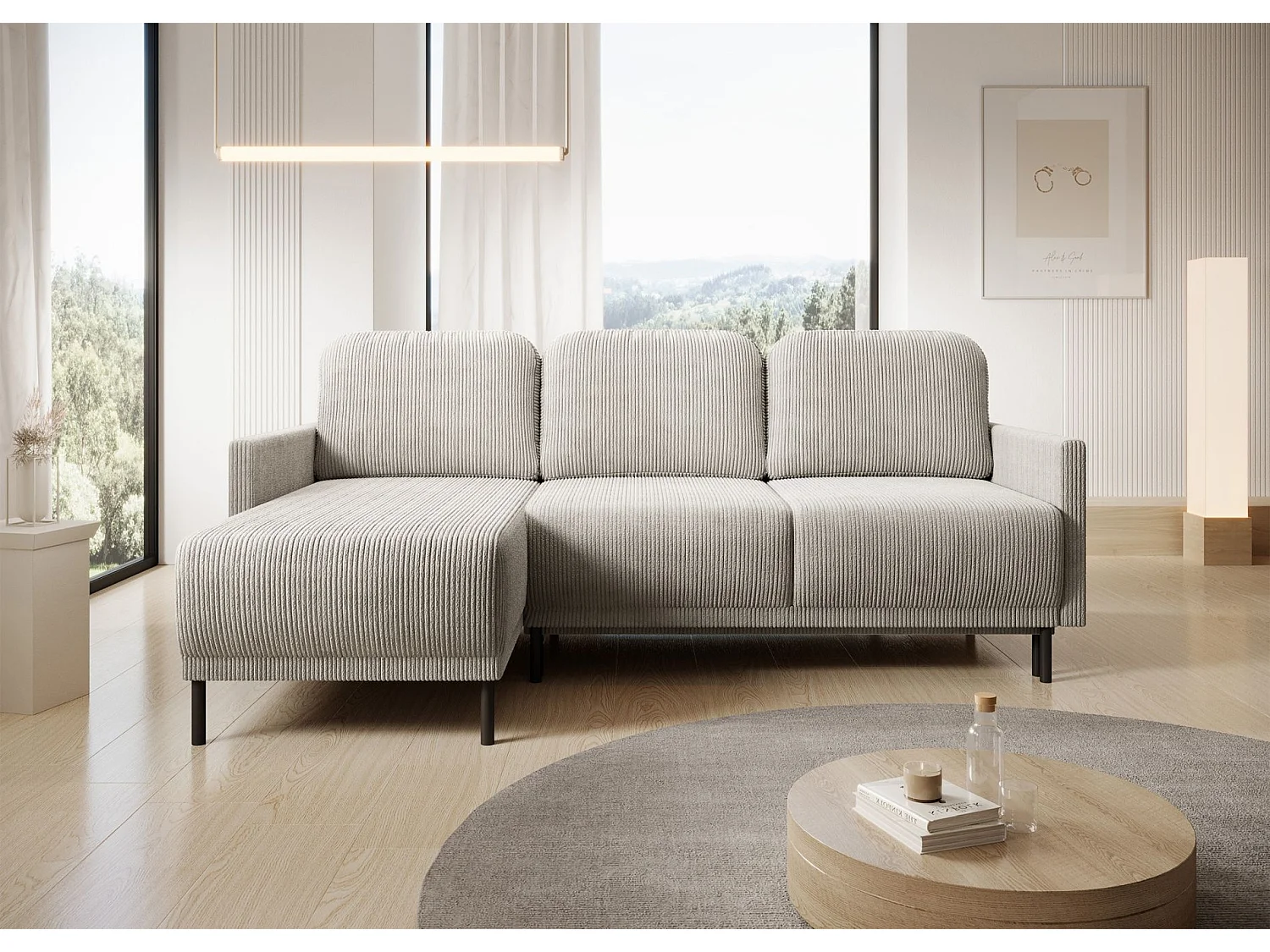 Canapé d'angle convertible avec coffre – Velours côtelé – Universel – Beige clairs – HAMIEL