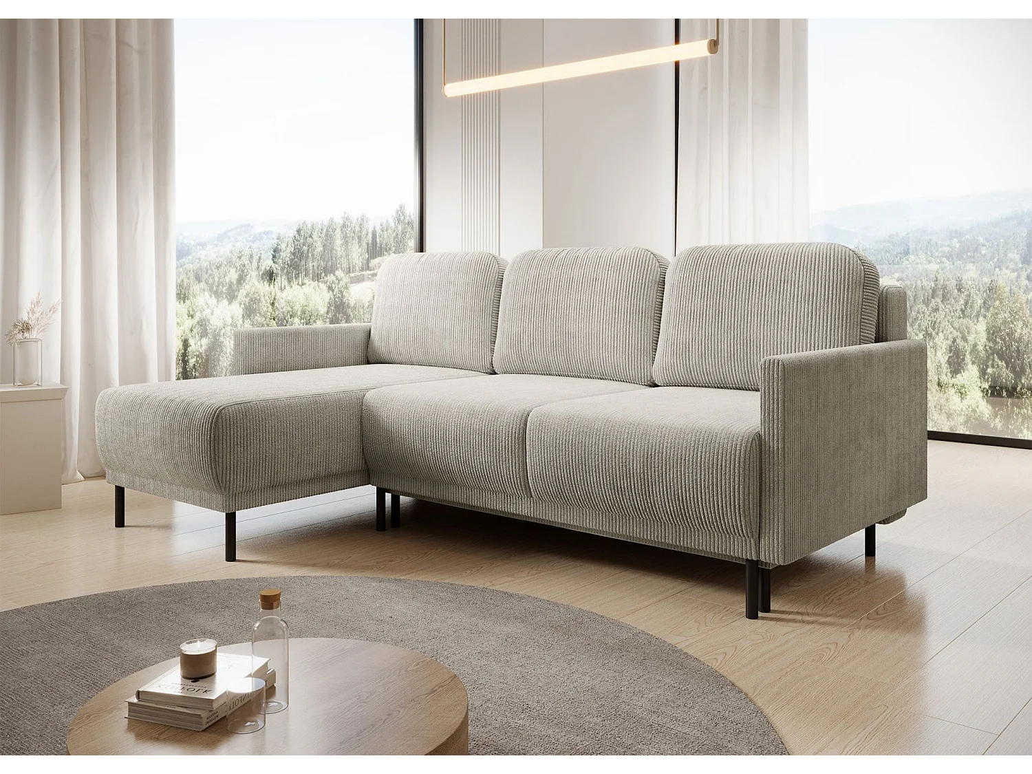 Canapé d'angle convertible avec coffre – Velours côtelé – Universel – Beige clairs – HAMIEL