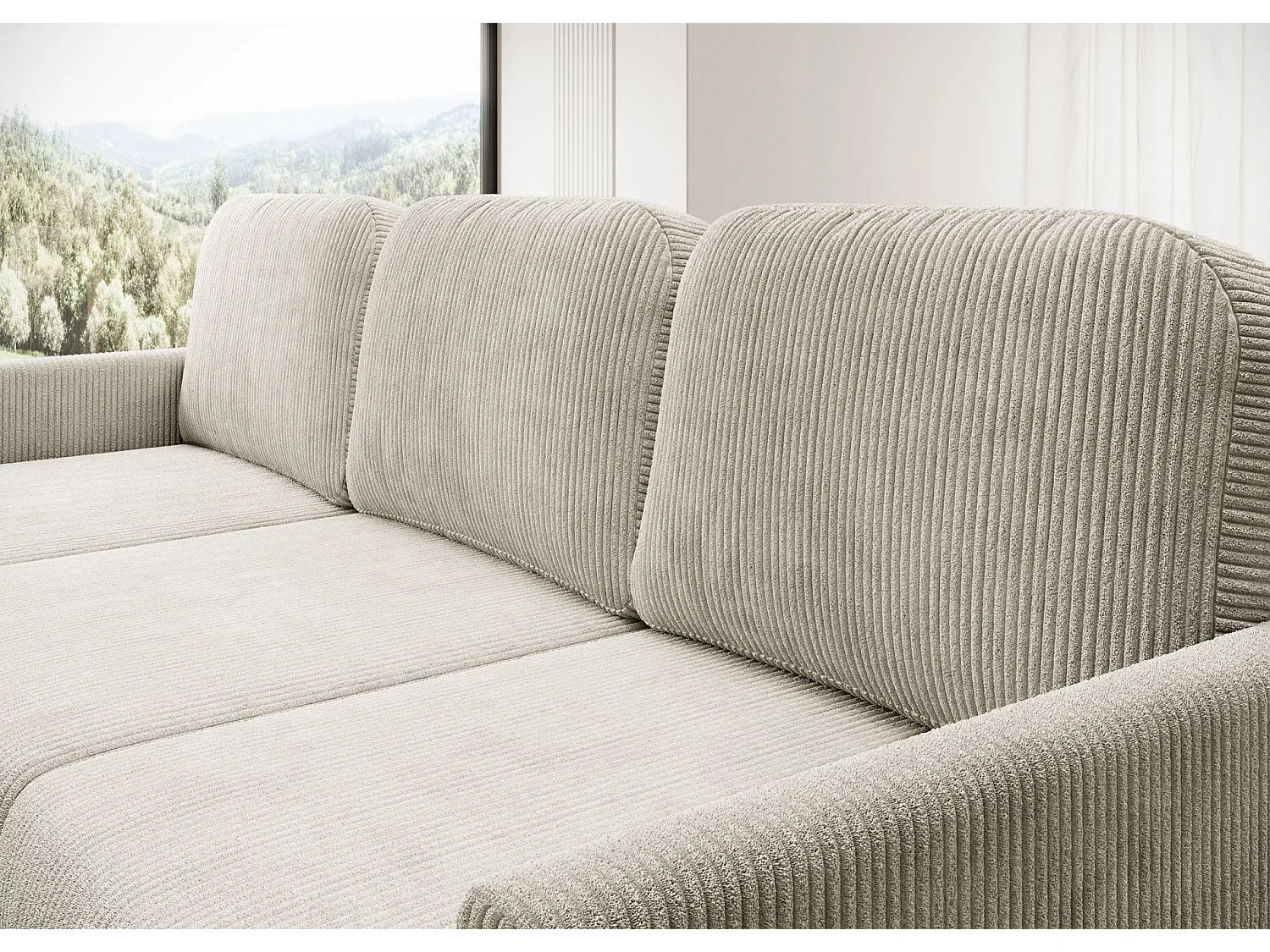 Canapé d'angle convertible avec coffre – Velours côtelé – Universel – Beige clairs – HAMIEL