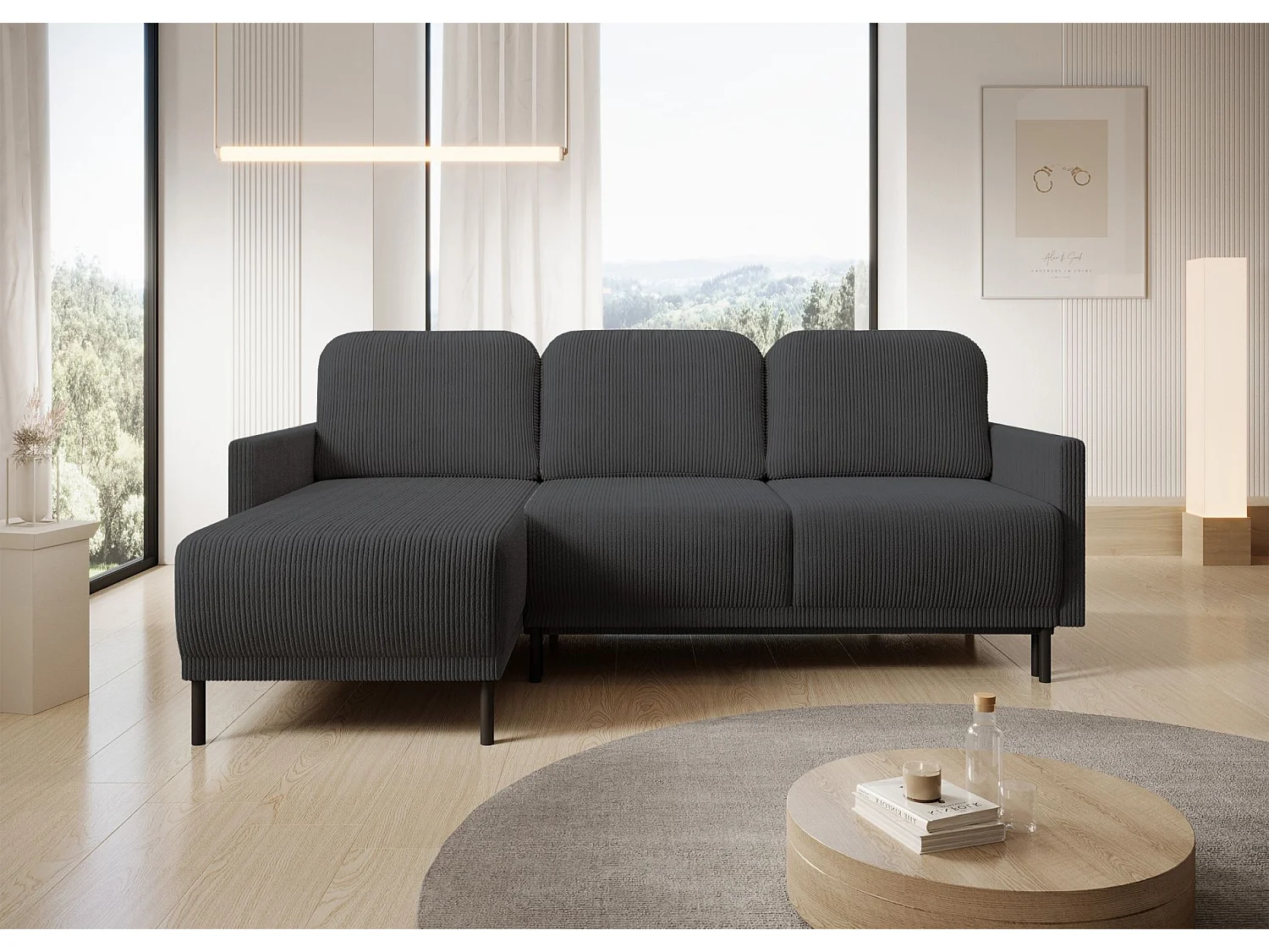 Canapé d'angle convertible avec coffre – Velours côtelé – Universel – Gris bleu – HAMIEL