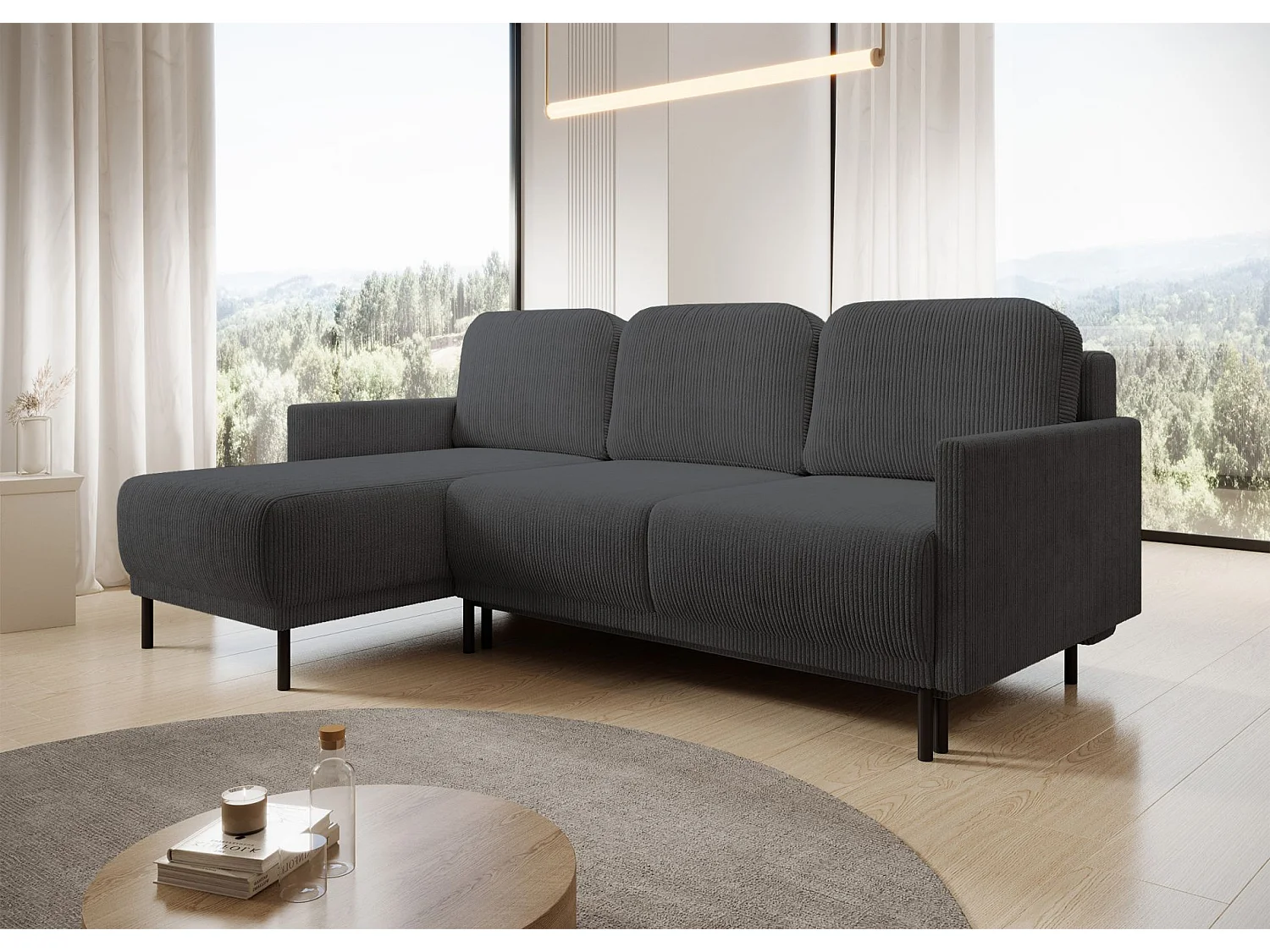 Canapé d'angle convertible avec coffre – Velours côtelé – Universel – Gris bleu – HAMIEL
