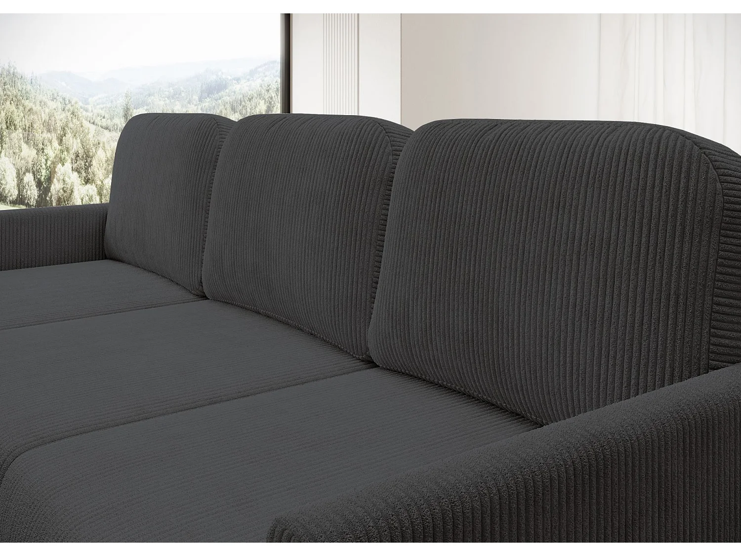Canapé d'angle convertible avec coffre – Velours côtelé – Universel – Gris bleu – HAMIEL
