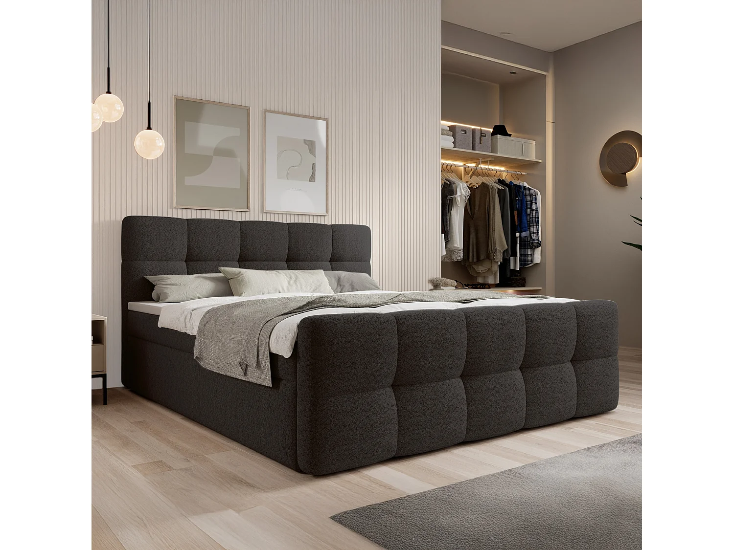 Lit coffre + matelas Volupto 160cm Bouclette Gris foncé