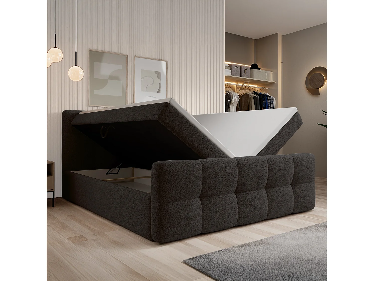 Lit coffre + matelas Volupto 180cm Bouclette Gris foncé