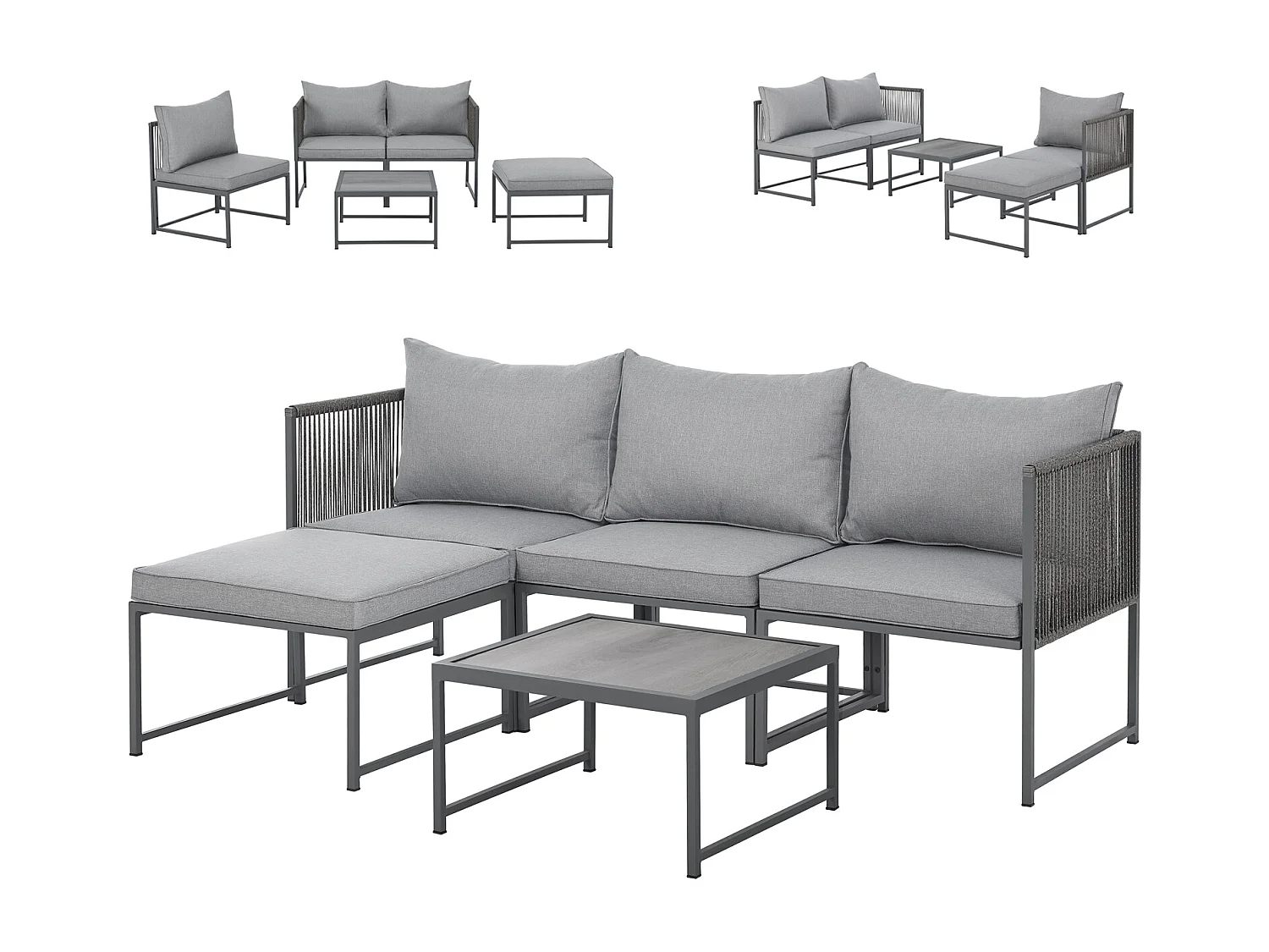 Salon de jardin en résine tressée Canapé d'angle modulable Table Coussins inclus Gris