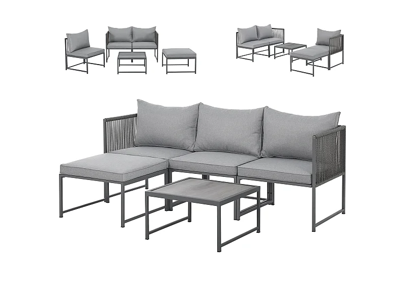 Salon de jardin en résine tressée Canapé d'angle modulable Table Coussins inclus Gris
