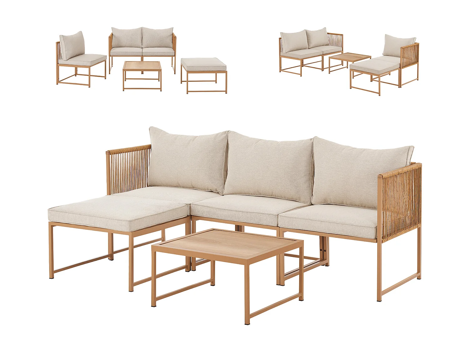 Salon de jardin en résine tressée Canapé d'angle modulable Table Coussins inclus Beige