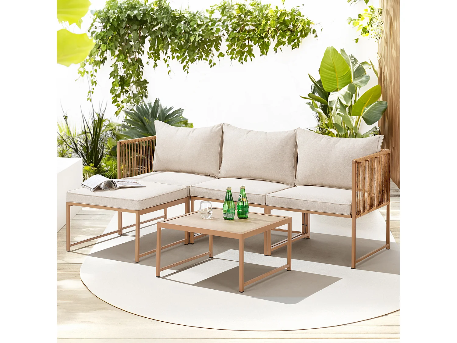 Salon de jardin en résine tressée Canapé d'angle modulable Table Coussins inclus Beige