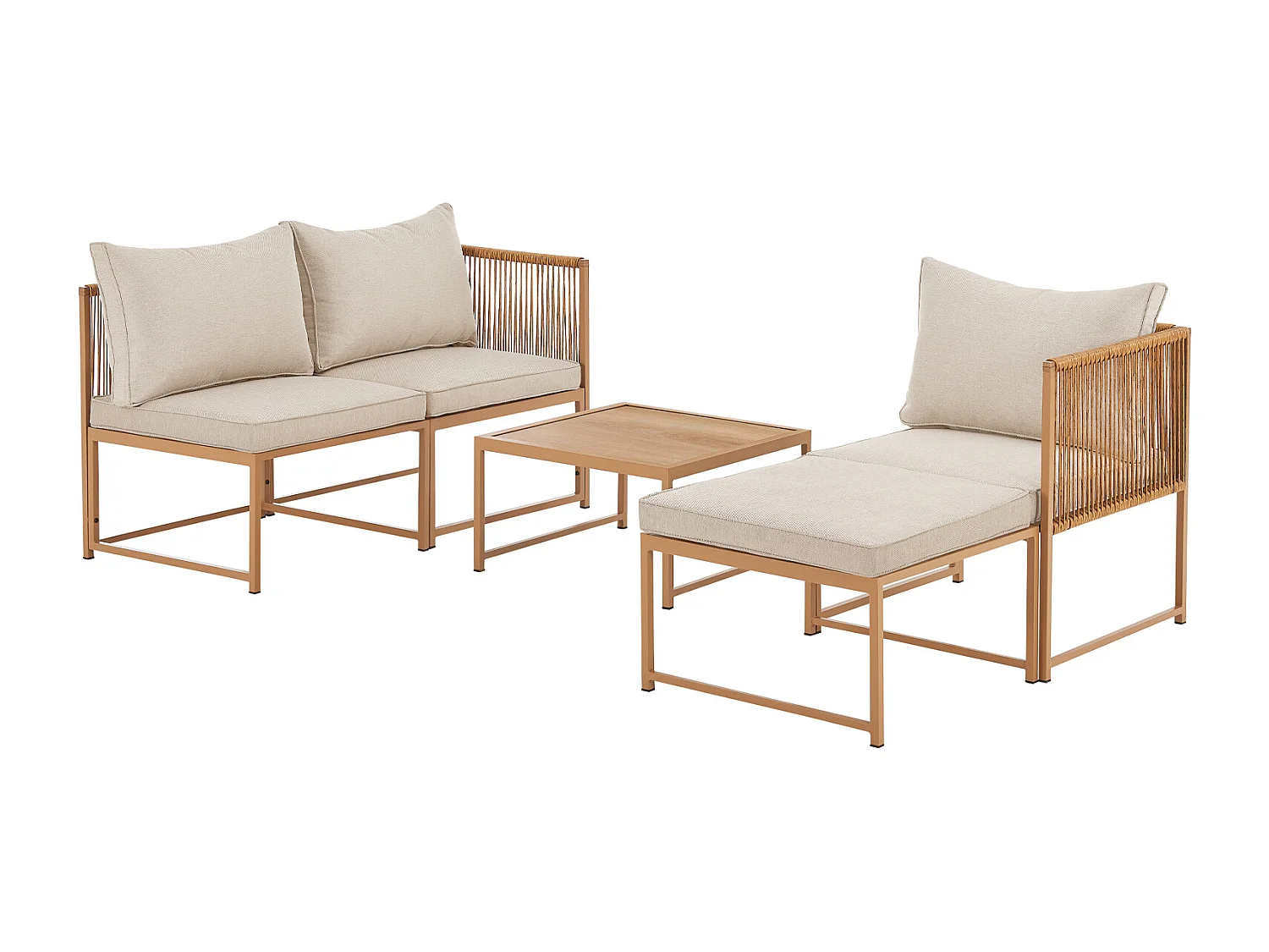 Salon de jardin en résine tressée Canapé d'angle modulable Table Coussins inclus Beige