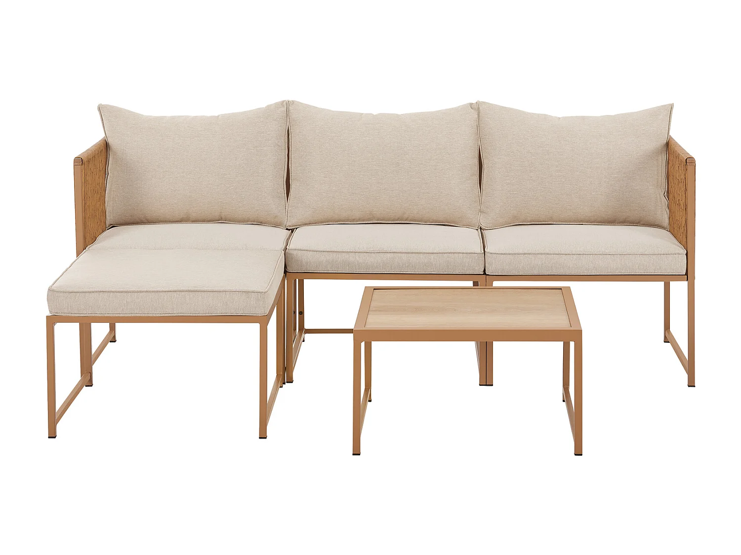 Salon de jardin en résine tressée Canapé d'angle modulable Table Coussins inclus Beige
